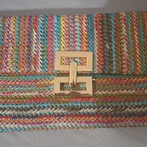 Multicolor Woven Clutch with Gold Accent
